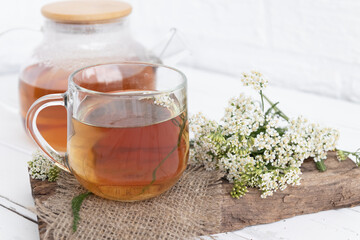 tea in a teapot (decoction)from the leaves and flowers of medicinal yarrow (Achillea) in a cup....