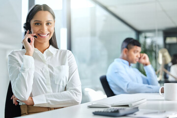 Phone call, callcenter and portrait of woman with smile, headset and consultant in customer service. Lead generation, telecom and happy virtual assistant at help desk with telemarketing at crm office