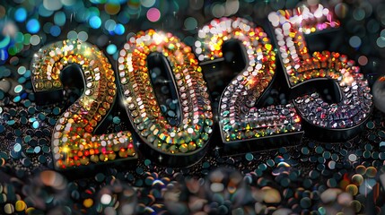 A glimmering "2025" number sparkles amidst a bokeh background