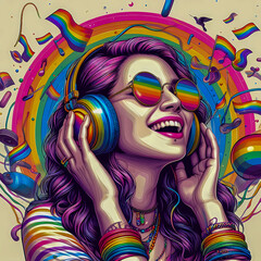 Digital art vibrant colorful pride theme young woman with headphones vibin to music