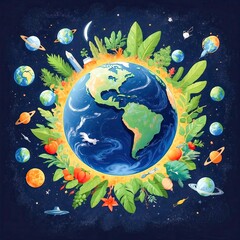Obraz premium Earth surrounded by green leaves and planets in space