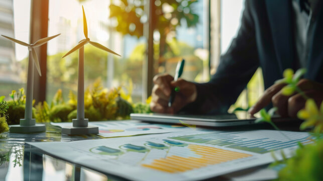 Business professional analyzing green energy data with wind turbine models - Powered by Adobe