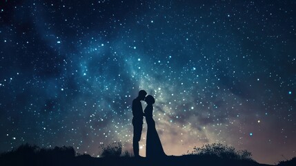 Obraz premium young couple sharing a romantic kiss under a starry sky