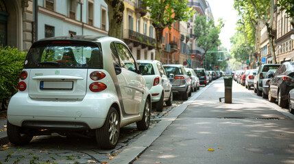 Compact car parked perpendicular on a tree-lined street