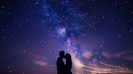 young couple sharing a romantic kiss under a starry sky