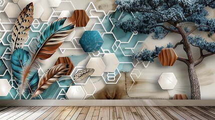 Abstract 3D oak mural with white lattice, feathers, a tree motif, and hexagons in varied hues.