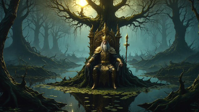Veles, the Slavic god of underworld, sits on his golden throne under the cosmic tree in the middle of underground swamp realm, golden armor, high detail, fantasy illustration, no AI artifacts