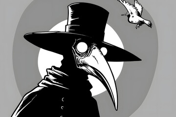 black and white illustration of a plague doctor with a hat and a raven, featuring a circular moon-like background