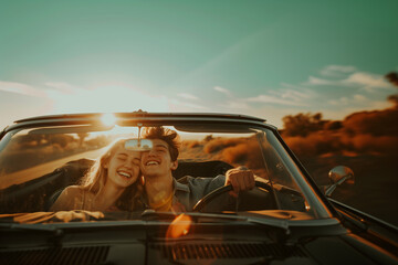 young couple enjoying a road trip, sunset