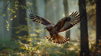 Short eared buzzard Asio otus flying between the trees in the forest outstretched . Generative Ai