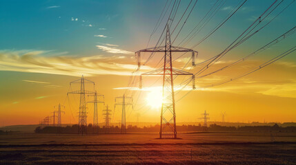 Electricity pylons silhouetted against a vibrant sunset