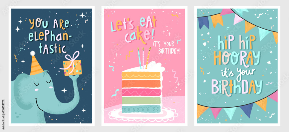 Wall mural set of birthday postcards with confetti, balloons, a cute elephant and hand writing. invitations, ha