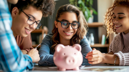 Friends planning finances with a piggy bank - Powered by Adobe