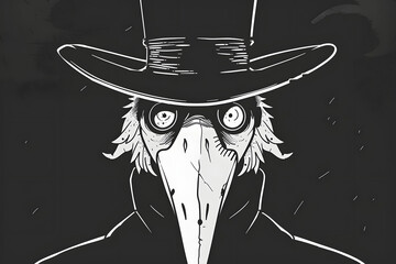 Monochrome illustration of a plague doctor with a beaked mask and a tall hat in a stylized comic art style