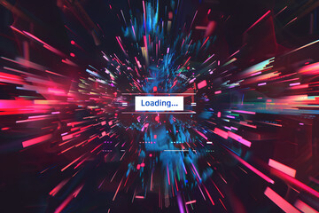 digital loading screen with colorful neon light bursts and the word "loading" centered in bright pink