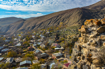 Bjni village and Saint Astvatsatsin Church scenic view from fortress ruins (Kotayk province, Armenia)