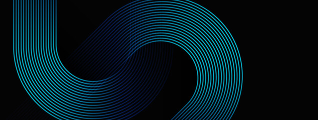 Abstract glowing geometric lines on dark background. Elegant shiny blue rounded lines pattern. Modern futuristic graphic. Suit for poster, banner, brochure, website, presentation, flyer, cover