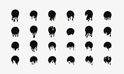 Black dripping ink circle set. Melt circle labels isolated on white. Paint blob and floating oil spot. Stains and dripping liquid circles collection