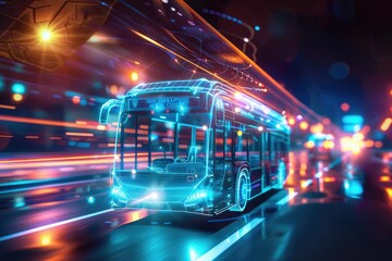 Bus Driving Down City Street at Night