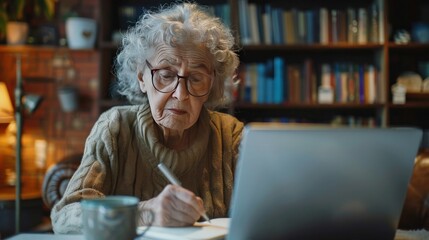 An elderly woman studies online using laptop and takes notes in a notepad. Concept of the importance of learning for older people