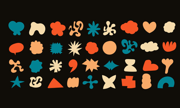 Abstract minimalist design elements isolated on black. Funky geometric shapes. Retro vector shapes in 90s and 00s style. Modern art design elements set.