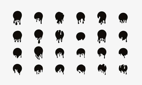 Black dripping ink circle set. Melt circle labels isolated on white. Paint blob and floating oil spot. Stains and dripping liquid circles collection