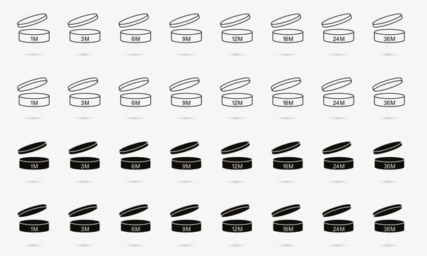 Pao vector icons of cosmetic open month life shelf, expiration period months. PAO symbols set isolated on white