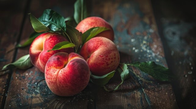 On a sun soaked summer day vibrant red flat peaches with their lush leaves steal the spotlight against a rich dark wooden backdrop creating a captivating image with selective focus