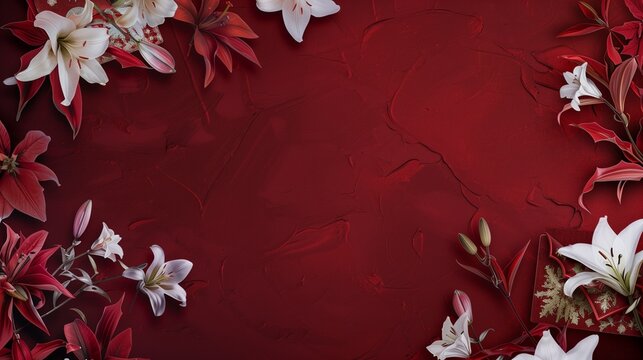 Striking holiday brand design with velvet red background and white lilies.