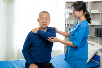 Fototapeta premium Physical therapy doctor, senior patient, muscle stretching, physical therapy and orthopedic health, chiropractor and nurse helping elderly man and surgical rehabilitation