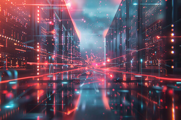 Obraz premium An abstract 3D perspective of a networking room, with digital towers and infrastructure showcasing the interconnectedness and robustness of web services and telecommunication systems Created Us