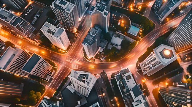 Dynamic Urban Cityscape: Aerial Time-lapse of Car Traffic, Roundabout Lane, and Buildings. Symbolizing Advanced Innovation, Financial Technology, and Energy Power.