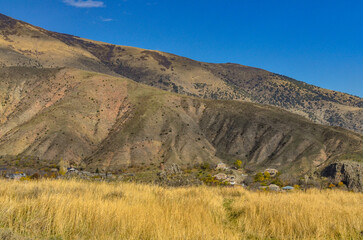 scenic view of Caucasus mountains in Kotayk province, Armenia from Bjni fortress ruins