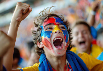 Young boy cheering at sports event with colorful face paint