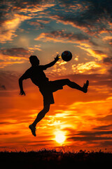 Silhouette of man playing soccer at sunset