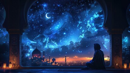 Ramadan Kareem background with prayer and Mosque dome with twilight dusk sky,Silhouette Muslim man making a supplication(salah)