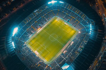 Top view of illuminated soccer field with packed audience