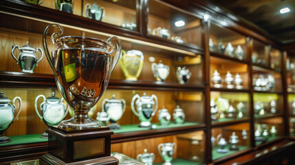 Trophy's reflection in glass of prestigious club display case