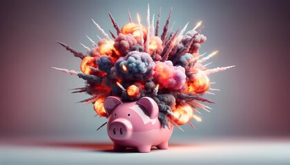 A ceramic piggy bank with double explosion in background concept of emergency situation in economic crashes and financial crisis 