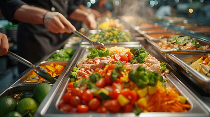 Obraz premium a group of people serving buffet meals indoors in a restaurant