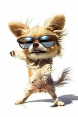 Petit chien qui danse avec des lunettes de soleil, sur fond blanc, ia générative