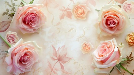 Holiday wall background with macro pink roses, vintage ivory, and peach tones.
