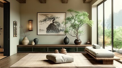 Japanese zen interior design of modern living room, home.