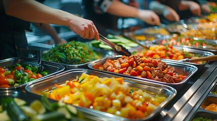 a group of people serving buffet meals indoors in a restaurant