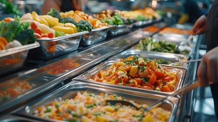 Fototapeta premium a group of people serving buffet meals indoors in a restaurant