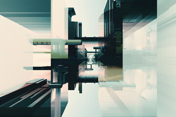 Abstract futuristic cityscape with mirrored effects and a dominant central structure