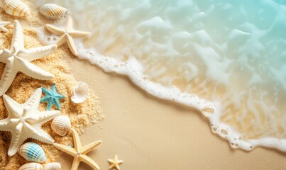 Beach scene concept with sea shells and starfish on sand