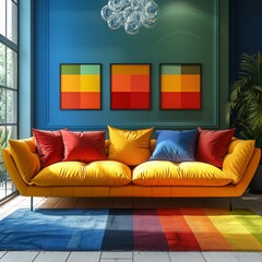 Bright living room interior with yellow sofa, blue wall and colorful carpet