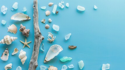 Waterinspired art with sea shells and glass beads on an electric blue background, creating a...