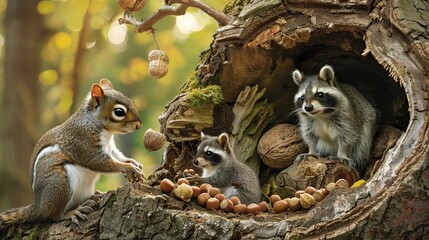 Squirrels owl and raccoon stocking hazelnuts in a big hollow tree trunk in forest. Generative Ai
